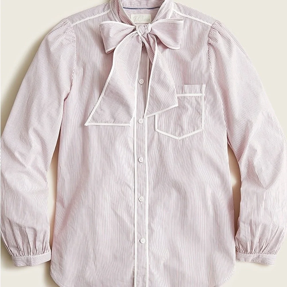 J. Crew Striped Tie Neck Poplin Pink and White Shirt - Picture 10 of 10